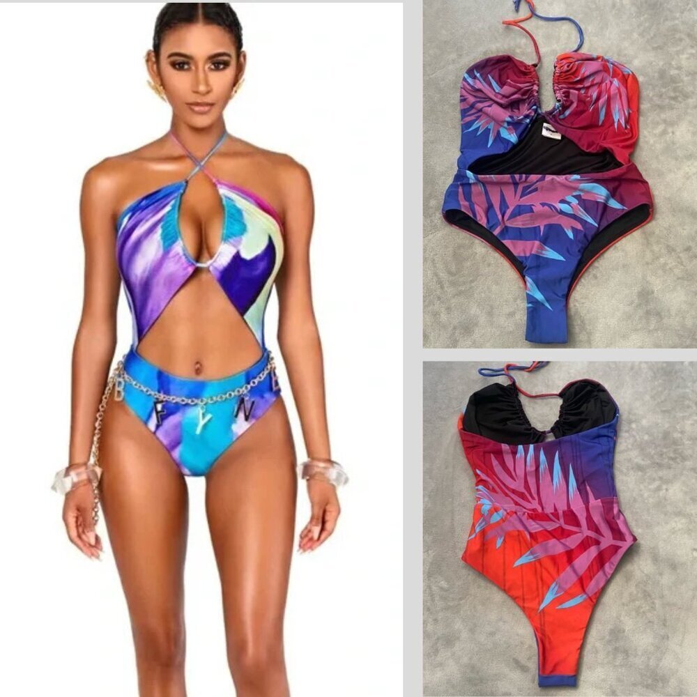 New! BFyne Red Blue Tropical Print Halter CutOut One Piece Swimsuit 10574